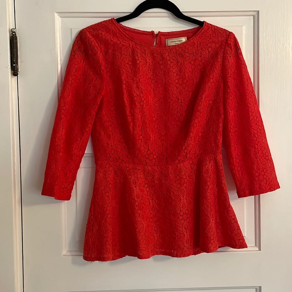 Anthropologie Red Lace Peplum Blouse - Size 4